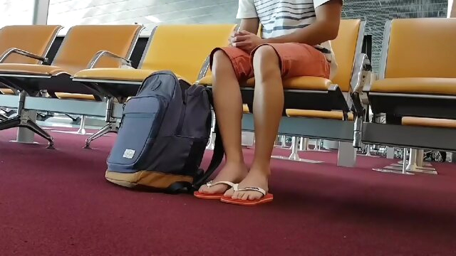 Boy put on flip flops and anklet in airport amateur gayxxx